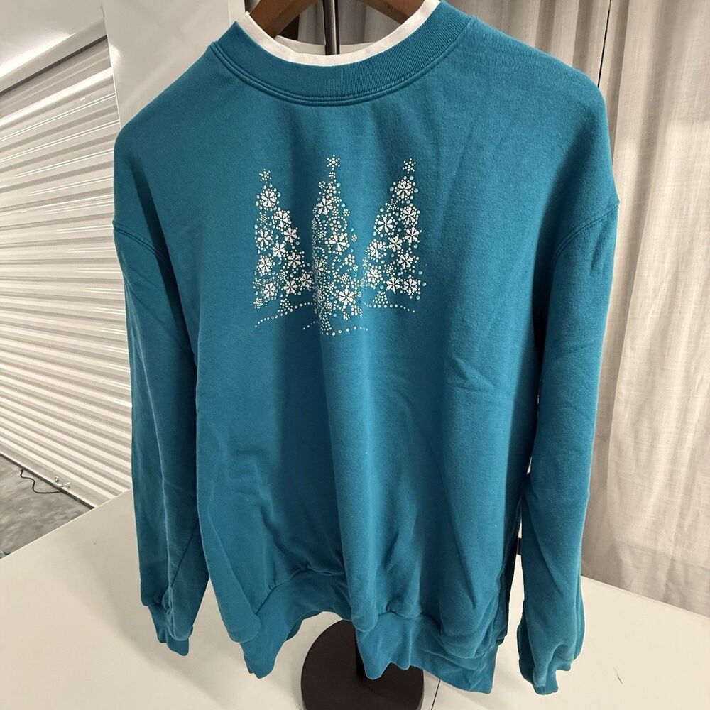 Morning Sun Teal Christmas Tree Rhinestone Sweatshirt Double Collar Size XL